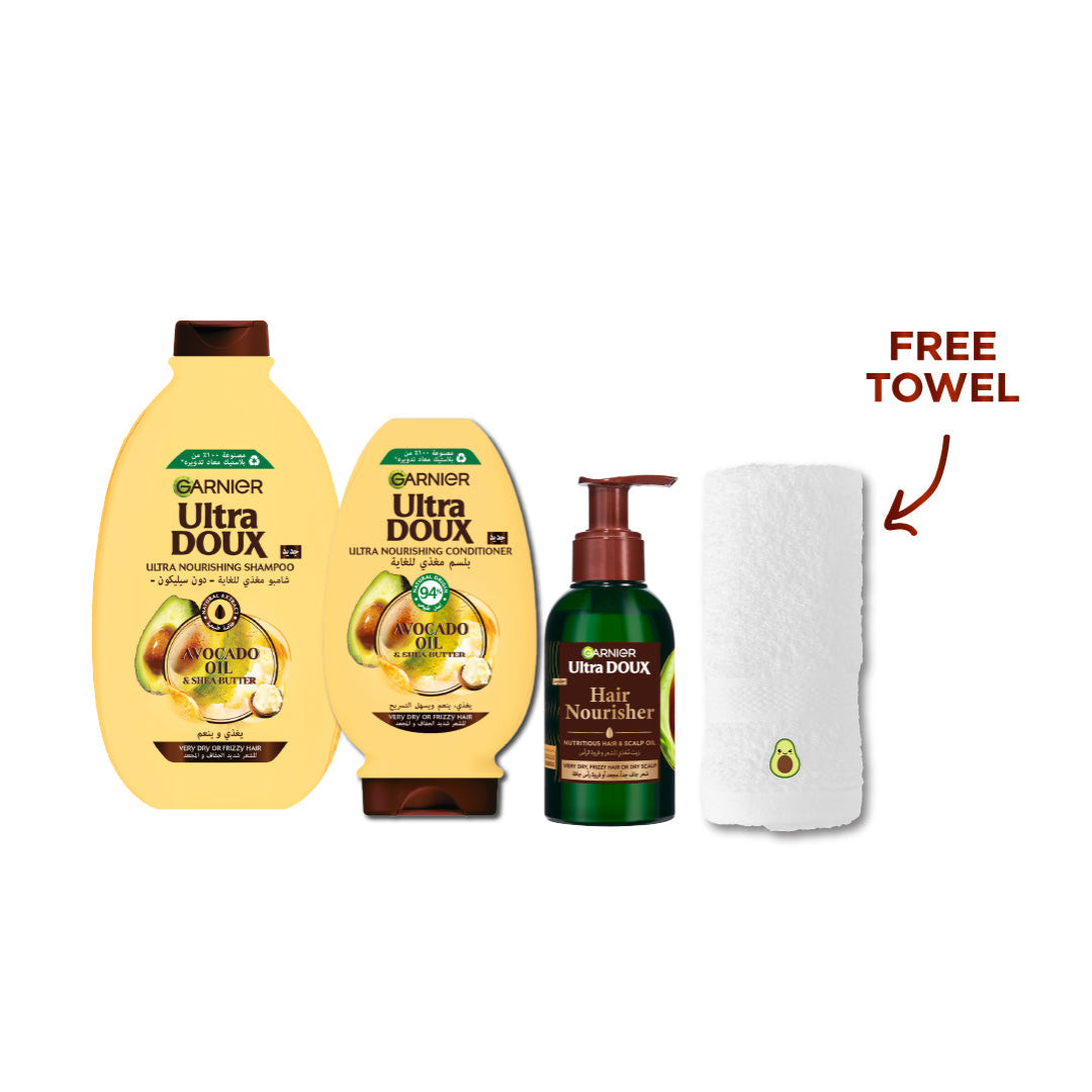 Ultra Doux Pure Avocado Shampoo 400 ML + Conditioner 200 ML + Oil 115 ML + FREE Towel
