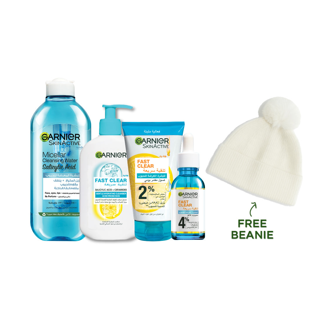 Fast Clear Micellar Water 400 ML + Tube Wash 150 ML + Gentle Cleanser 250 ML + Serum 30 ML + FREE Beanie At 25% OFF