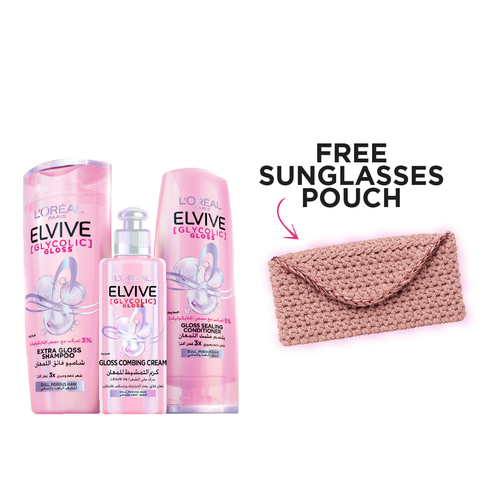 Elvive Glycolic Gloss Shampoo 400 ML + Conditioner 200 ML + Leave-in 200 ML + FREE Pouch