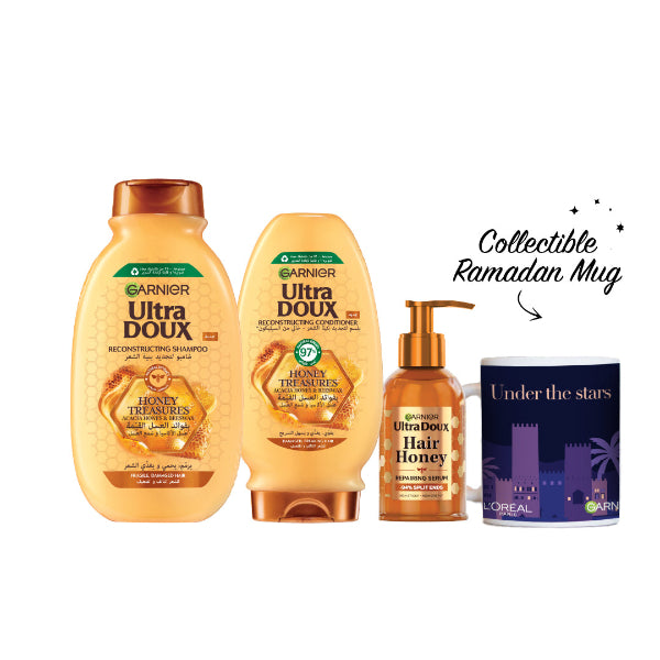 Garnier Ultra Doux Honey Treasures Shampoo 400 ML + Conditioner 200 ML + Serum 115 ML + FREE Night Mug At 20% OFF | Loolia Closet
