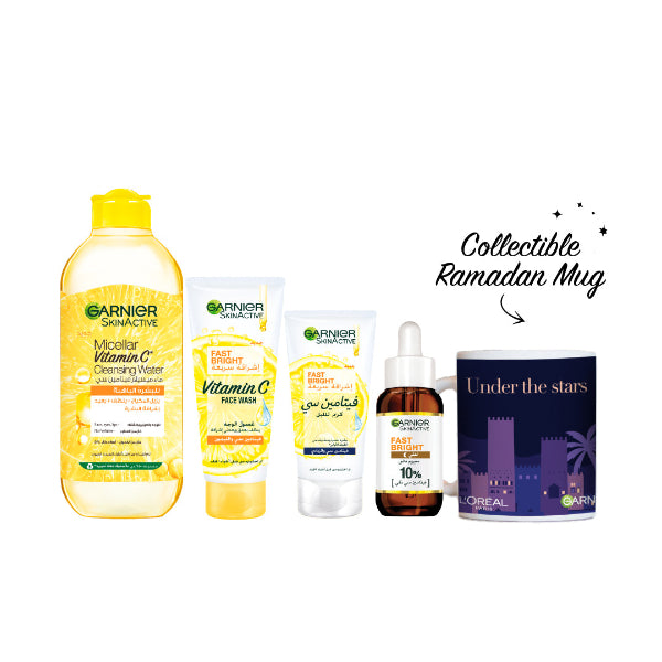 Garnier Fast Bright Micellar Water 400 ML + Wash 100 ML + Night Cream + Night Serum 30 ML + FREE Night Mug At 20% OFF | Loolia Closet