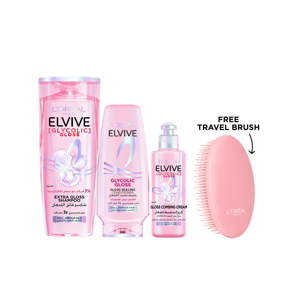 Glycolic Gloss Shampoo + Conditioner + Leave-in + FREE Travel Brush At 20% OFF